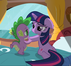 Size: 922x862 | Tagged: safe, screencap, spike, twilight sparkle, pony, unicorn, g4, magical mystery cure, bed, cropped, duo, female, floppy ears, golden oaks library, looking at each other, male, rain, unicorn twilight, window