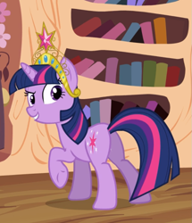 Size: 769x895 | Tagged: safe, screencap, twilight sparkle, pony, unicorn, g4, magical mystery cure, big crown thingy, cropped, crown, element of magic, female, golden oaks library, grin, jewelry, mare, raised hoof, regalia, smiling, solo, unicorn twilight