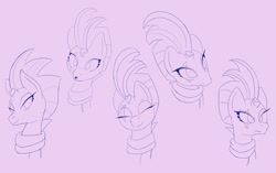 Size: 1300x817 | Tagged: safe, artist:fuzon-s, fizzlepop berrytwist, tempest shadow, pony, unicorn, g4, broken horn, clothes, cute, expressions, eyes closed, female, horn, looking up, mare, scarf, simple background, skeptical, sketch, smiling, solo, surprised, tempestbetes