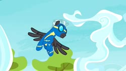 Size: 1280x720 | Tagged: safe, screencap, thunderlane, pegasus, pony, g4, marks and recreation, clothes, flying, goggles, male, solo, spread wings, stallion, uniform, wings, wonderbolts, wonderbolts uniform