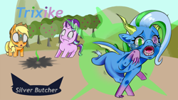 Size: 1920x1080 | Tagged: safe, artist:zettaidullahan, applejack, spike, starlight glimmer, trixie, dracony, dragon, earth pony, hybrid, pony, unicorn, g4, apple, apple tree, d:, fanfic, fanfic art, fanfic cover, female, food, fusion, hat, heterochromia, mare, open mouth, running, sharp teeth, sweat, sweatdrop, teeth, tree, we have become one, what has magic done