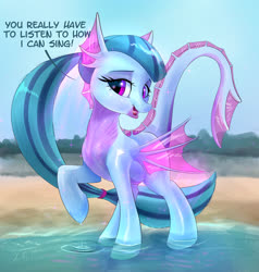Size: 2903x3052 | Tagged: safe, artist:xbi, sonata dusk, half-siren, hybrid, original species, pony, g4, 30 minute art challenge finished after, beach, dialogue, ear fins, female, fin wings, high res, looking at you, ocean, raised hoof, species swap, water, wings