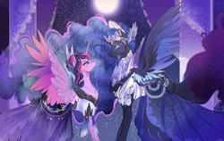 Size: 3172x2000 | Tagged: safe, artist:bunnari, nightmare moon, twilight sparkle, alicorn, pony, g4, alternate universe, bad end, clothes, colored wings, crown, dress, duo, eyeshadow, female, full moon, high res, jewelry, lesbian, lidded eyes, looking at each other, makeup, moon, night, night sky, profile, regalia, ship:twimoon, shipping, sky, slit pupils, spread wings, starry night, twilight sparkle (alicorn), victorious villain, wedding dress, wings