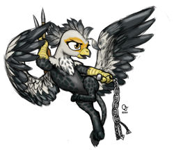 Size: 1600x1400 | Tagged: safe, artist:trefoiler, derpibooru exclusive, oc, oc only, oc:grey gnot, griffon, armpits, chest fluff, daybreak island, flail, flying, javelin, lash, leonine tail, male, simple background, solo, spread wings, transparent background, two toned wings, weapon, wings