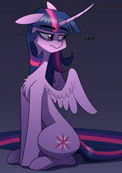 Size: 2480x3508 | Tagged: safe, artist:underpable, twilight sparkle, alicorn, pony, g4, ..., alternate cutie mark, chest fluff, curved horn, female, floppy ears, gradient background, high res, horn, mare, sitting, solo, spread wings, twilight sparkle (alicorn), wings