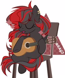 Size: 2454x2936 | Tagged: safe, artist:usagi, oc, oc only, oc:sharpe, pony, acoustic guitar, chair, eyes closed, female, guitar, high res, mare, musical instrument, open mouth, piercing, simple background, sitting, solo, white background, ych result