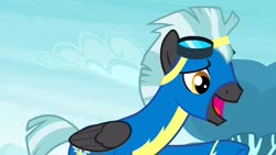 Size: 1280x720 | Tagged: safe, screencap, thunderlane, pegasus, pony, g4, marks and recreation, clothes, flying, folded wings, goggles, male, solo, stallion, uniform, wings, wonderbolts, wonderbolts uniform