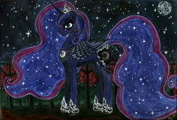 Size: 2973x2016 | Tagged: safe, artist:angel-gotic, princess luna, alicorn, pony, g4, 2013, female, fence, flower, flowing mane, goth, gothic, grass, high res, jewelry, mare, mascara, moon, night, regalia, rose, signature, sky, solo, stars, traditional art