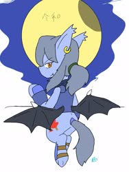 Size: 1543x2048 | Tagged: safe, artist:omegapony16, oc, oc only, oc:oriponi, bat pony, pony, armor, bat pony oc, bat wings, ear piercing, earring, female, flying, frog (hoof), full moon, japanese, jewelry, looking back, mare, moon, piercing, signature, simple background, smiling, solo, spread wings, text, underhoof, white background, wings