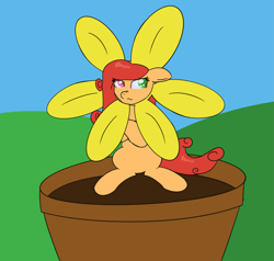 Size: 2475x2354 | Tagged: safe, artist:eyeburn, oc, oc only, oc:soft melody, pony, adorable distress, crossed hooves, cute, flower, grumpy, heterochromia, high res, plant pot, solo