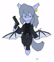 Size: 1802x2048 | Tagged: safe, artist:omegapony16, oc, oc only, oc:oriponi, bat pony, pony, bat pony oc, bat wings, belt, clothes, ear piercing, earring, female, flying, gun, hoof hold, jewelry, mare, necktie, piercing, signature, simple background, solo, spread wings, suit, weapon, white background, wings