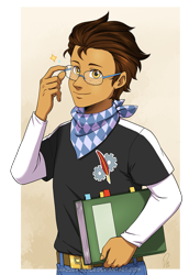Size: 921x1341 | Tagged: safe, artist:hazurasinner, oc, oc only, oc:copper plume, equestria girls, g4, belt, book, clothes, commission, commissioner:imperfectxiii, freckles, glasses, looking at you, male, neckerchief, pants, shirt, solo