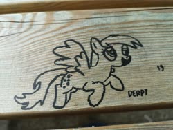 Size: 4618x3464 | Tagged: safe, artist:porschepegasus, derpy hooves, g4, flying, irl, lineart, marker, marker drawing, photo, spread wings, traditional art, vandalism, wings, wood