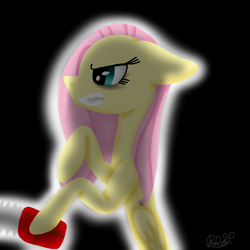 Size: 1000x1000 | Tagged: safe, artist:asiandra dash, fluttershy, pegasus, pony, .mov, shed.mov, g4, black background, chainsaw, female, fluttershed, gritted teeth, simple background, solo