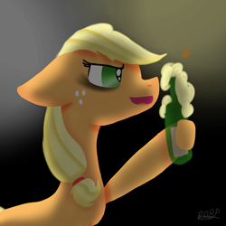 Size: 1000x1000 | Tagged: safe, artist:asiandra dash, applejack, earth pony, pony, g4, alcohol, bags under eyes, beer, beer bottle, drunk, drunk aj, female, freckles, hoof hold, mare, open mouth, signature, solo