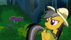 Size: 1280x720 | Tagged: safe, screencap, daring do, pegasus, pony, g4, stranger than fan fiction, bush, clothes, dreamworks face, female, flying, folded wings, grin, hat, jungle, leaves, looking at something, mushroom, plant, smiling, solo, tree, wings