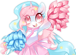 Size: 1198x867 | Tagged: safe, artist:loyaldis, oc, oc:comet lovejoy, alicorn, pony, alicorn oc, blushing, cheerleader, cheerleader outfit, clothes, dress, ethereal mane, eye clipping through hair, female, heart eyes, horn, pom pom, simple background, starry mane, stars, transparent background, two toned mane, two toned wings, wingding eyes, wings, ych result