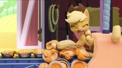 Size: 1275x719 | Tagged: safe, screencap, applejack, earth pony, pony, g4.5, my little pony: stop motion short, pie assembly line (short), assembly line, barn, conveyor belt, food, hat, machine, out of context, oven, pie, stop motion