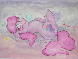 Size: 4032x3024 | Tagged: safe, artist:papersurgery, berry punch, berryshine, earth pony, pony, g4, alcohol, female, looking at you, looking back, lying down, mare, solo, traditional art, watercolor painting