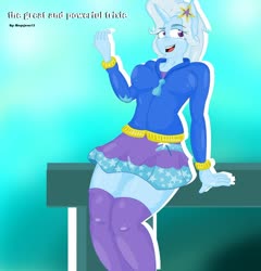 Size: 1024x1067 | Tagged: safe, artist:megajesus15, trixie, anthro, equestria girls, g4, beautisexy, clothes, equestria girls outfit, female, hoodie, jacket, miniskirt, ponied up, skirt, socks, solo, thigh highs, thighs, zettai ryouiki