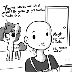 Size: 2250x2250 | Tagged: safe, artist:tjpones, part of a set, oc, oc only, oc:brownie bun, oc:richard, earth pony, human, pony, horse wife, bag, bald, dialogue, female, high res, jewelry, male, monochrome, necklace, pearl necklace, saddle bag, simple background, white background