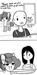 Size: 2250x4500 | Tagged: safe, artist:tjpones, oc, oc only, oc:brownie bun, oc:richard, earth pony, human, pony, horse wife, bag, bald, comic, dialogue, female, friday the 13th, hockey mask, jewelry, machete, male, mask, monochrome, necklace, pearl necklace, saddle bag, simple background, white background, worried