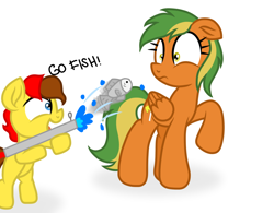 Size: 1024x800 | Tagged: safe, artist:itsnovastarblaze, artist:swivel starsong, oc, oc only, oc:naviga, oc:quantum scribe, fish, pegasus, pony, bipedal, collaboration, colt, female, fish bazooka, foal, funny, go fish, ichthyophobia, male, mare, pegasus oc, rocket launcher, scared, shocked, simple background, text, water, wings