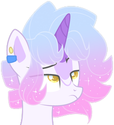 Size: 1280x1403 | Tagged: safe, artist:azrealrou, oc, oc only, oc:trending style, pony, unicorn, gradient hair, lidded eyes, looking at something, piercing, simple background, solo, sparkles, transparent background, unamused, yellow eyes