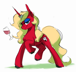 Size: 708x672 | Tagged: safe, artist:anticular, oc, oc only, oc:scarlet rose, pony, unicorn, alcohol, blonde, blue eyes, colored sketch, crown, eyeshadow, female, jewelry, long legs, long tail, looking at you, makeup, raised hoof, regalia, solo, tipsy, wine
