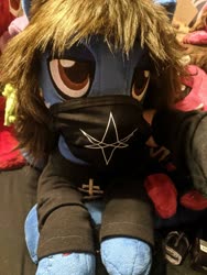Size: 2429x3238 | Tagged: safe, artist:epicrainbowcrafts, photographer:lightningbolt, earth pony, pony, undead, zombie, zombie pony, bring me the horizon, clothes, coronavirus, covid-19, face mask, high res, irl, male, photo, plushie, ponified, prone, shirt, solo focus, stallion