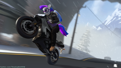 Size: 2880x1620 | Tagged: safe, artist:shadowboltsfm, oc, oc only, oc:inkwell stylus, anthro, plantigrade anthro, 3d, awesome, clothes, female, fog, goggles, jacket, motorcycle, scenery, snow, snowfall, solo, source filmmaker