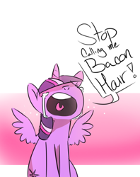 Size: 500x630 | Tagged: safe, artist:justasrequested, twilight sparkle, alicorn, pony, g4, crying, female, gradient background, implied sunset shimmer, mare, open mouth, solo, speech bubble, spread wings, twilight sparkle (alicorn), wings
