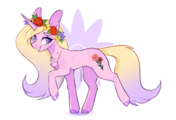 Size: 927x634 | Tagged: safe, artist:sararini, oc, oc only, oc:wildflower, pony, unicorn, chest fluff, female, floral head wreath, flower, mare, simple background, solo, white background