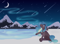 Size: 1280x936 | Tagged: safe, artist:mintyinks, oc, oc only, oc:lumen, pegasus, pony, female, lake, mare, moon, mountain, shooting star, solo