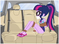 Size: 800x600 | Tagged: safe, artist:brightstar40k, sci-twi, twilight sparkle, equestria girls, g4, bondage, bound and gagged, car, cloth gag, clothes, feet, gag, kidnapped, legs, rope, rope bondage, sandals, swimsuit, tied up