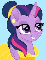 Size: 1159x1500 | Tagged: safe, artist:cloudy glow, twilight sparkle, alicorn, pony, g4, alternate hairstyle, beauty and the beast, belle, blue background, crossover, disney, ear piercing, earring, female, jewelry, lidded eyes, movie accurate, piercing, simple background, smiling, solo, twilight sparkle (alicorn)