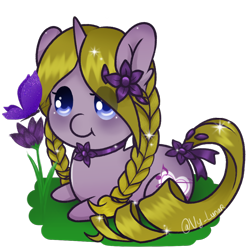 Size: 1000x1000 | Tagged: safe, artist:helithusvy, oc, oc only, oc:viola music heart, butterfly, pony, unicorn, blue eyes, braid, chibi, female, flower, flower in hair, mare, simple background, solo, transparent background, yellow hair