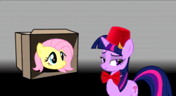 Size: 1280x702 | Tagged: safe, ai assisted, ai content, fifteen.ai, fluttershy, twilight sparkle, pony, unicorn, g4, aivo, animated, avo, bowtie, box, cardboard box, disembodied head, doctor who, eleventh doctor, female, fez, hat, implied lesbian, implied shipping, implied twistarlight, mare, simple background, sound, text to speech, the doctor, webm