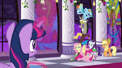Size: 1920x1080 | Tagged: safe, screencap, applejack, discord, fluttershy, pinkie pie, rainbow dash, rarity, spike, twilight sparkle, alicorn, dragon, pony, g4, the summer sun setback, book, canterlot castle, glowing, glowing horn, horn, mane seven, mane six, stained glass, suspicious, twilight sparkle (alicorn), winged spike, wings