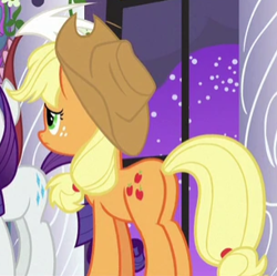 Size: 306x305 | Tagged: safe, screencap, applejack, discord, rarity, earth pony, pony, g4, the summer sun setback, applebutt, applejack's hat, butt, canterlot castle, cowboy hat, cropped, cute, cutie mark, female, freckles, frown, hat, mare, night, plot, ponytail, solo focus, stetson, worried