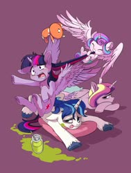 Size: 2800x3700 | Tagged: safe, artist:drtuo4, princess cadance, princess flurry heart, shining armor, twilight sparkle, alicorn, pony, unicorn, g4, baby food, babysitting, biting, blushing, chest fluff, eyes closed, female, filly, hair bite, hair pulling, high res, male, mare, mashed peas, open mouth, plushie, purple background, simple background, stallion, teary eyes, teddy bear, tired, tongue out, twilight sparkle (alicorn)