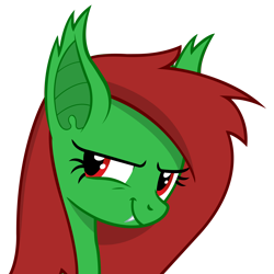Size: 6069x6069 | Tagged: safe, artist:chrisfhey, oc, oc only, oc:watermelon frenzy, pony, vampire bat pony, absurd resolution, fangs, green coat, red eyes, red mane, simple background, smiling, smirk, solo, transparent background, vector