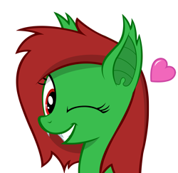 Size: 6000x5820 | Tagged: safe, artist:chrisfhey, oc, oc only, oc:watermelon frenzy, vampire bat pony, fangs, green coat, heart, looking at you, one eye closed, red eyes, red mane, simple background, smiling, transparent background, vector, wink