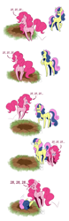 Size: 1177x3769 | Tagged: safe, artist:seishinann, bon bon, pinkie pie, sweetie drops, earth pony, pony, g4, comic, crossover, female, hole, mare, missing cutie mark, pinkie being pinkie, trace