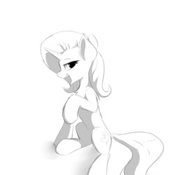 Size: 900x900 | Tagged: safe, artist:d.w.h.cn, trixie, pony, unicorn, g4, black and white, cutie mark, female, grayscale, lidded eyes, looking back, mare, monochrome, raised hoof, smiling, solo