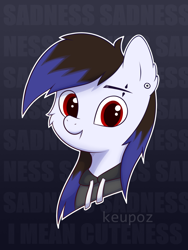 Size: 1536x2048 | Tagged: safe, artist:keupoz, oc, oc only, oc:keupoz, earth pony, pony, abstract background, clothes, hoodie, piercing, text