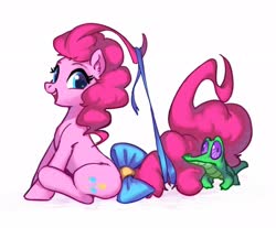 Size: 2176x1806 | Tagged: safe, artist:luciferamon, gummy, pinkie pie, alligator, earth pony, pony, bow, cute, diapinkes, ear fluff, female, mare, pi, pi day, ribbon, simple background, sitting, tail bow, white background