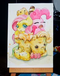 Size: 1600x2031 | Tagged: safe, artist:mashiromiku, fluttershy, pinkie pie, earth pony, pegasus, pony, g4, cake, cookie, cute, diapinkes, eating, eyes closed, food, looking at you, open mouth, shyabetes, traditional art, watercolor painting