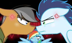 Size: 1024x620 | Tagged: safe, artist:sirena-flitter, quibble pants, rainbow dash, soarin', pegasus, pony, g4, argument in the comments, cross-popping veins, female, male, mare, rivalry, ship:quibbledash, ship:soarindash, shipping, stallion, straight, trio