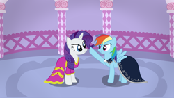 Size: 1920x1080 | Tagged: safe, artist:kazamacat, rainbow dash, rarity, pegasus, pony, unicorn, fanfic:the master mev, g4, carousel boutique, clothes, dress, fanfic art, female, mare, rainbow dash always dresses in style, shipping, show accurate, smiling